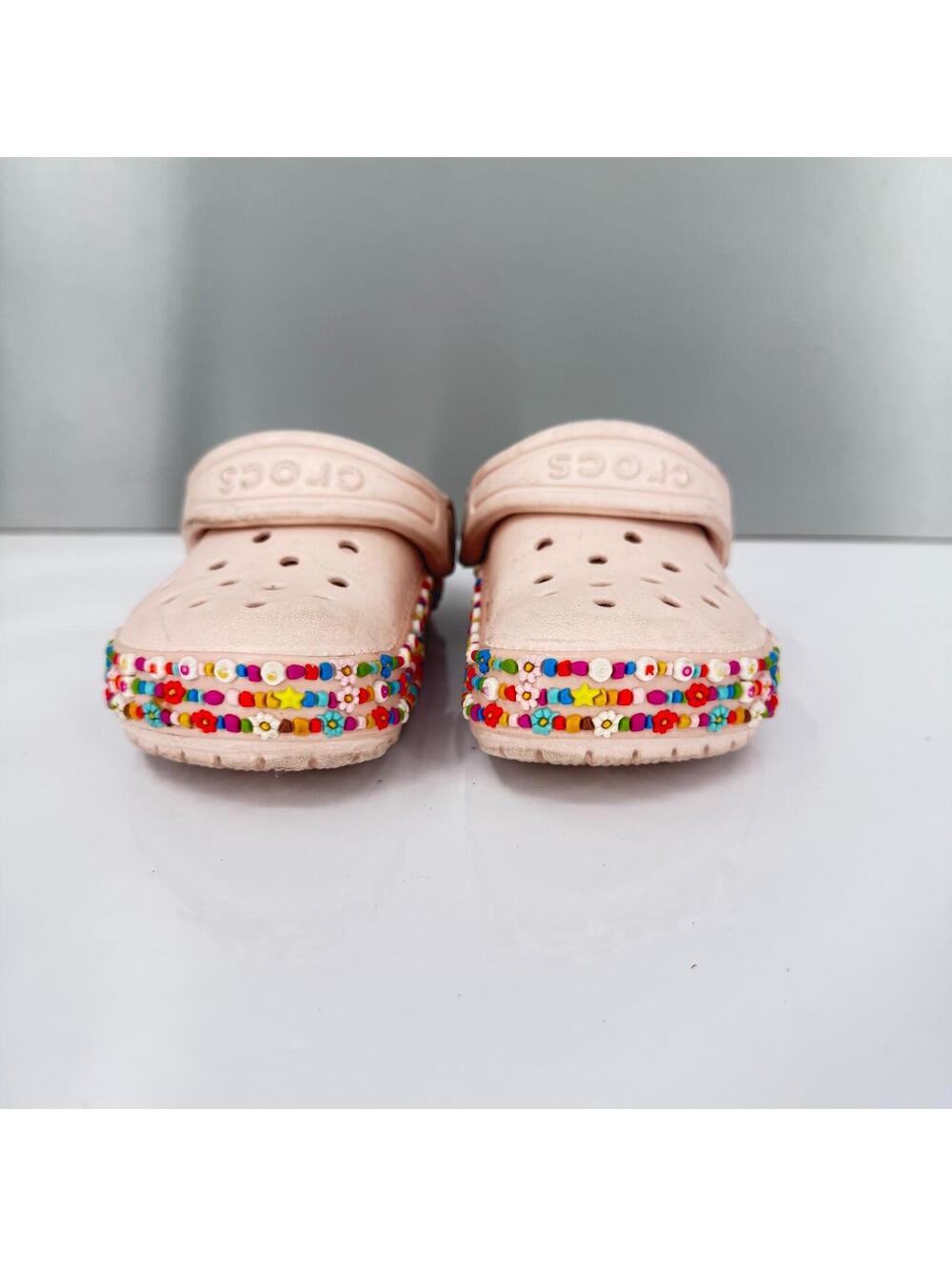 Crocs Kids C5 Pink Custom Beaded Clogs Girls Slip On Comfort Casual Shoes